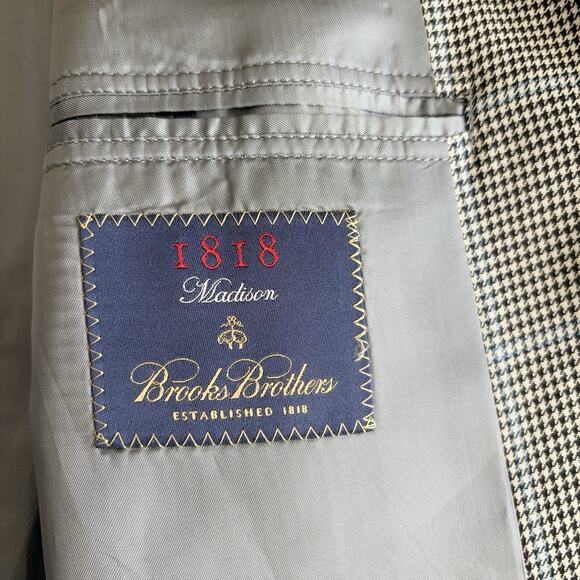 Brooks Brothers Wool Blazer Men's Size 44L Houndstooth Black White Madison 1818 - Picture 5 of 10